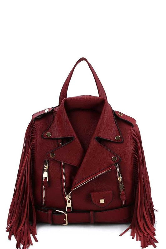 Motorcycle Jacket handbag with fringe-Burgundy