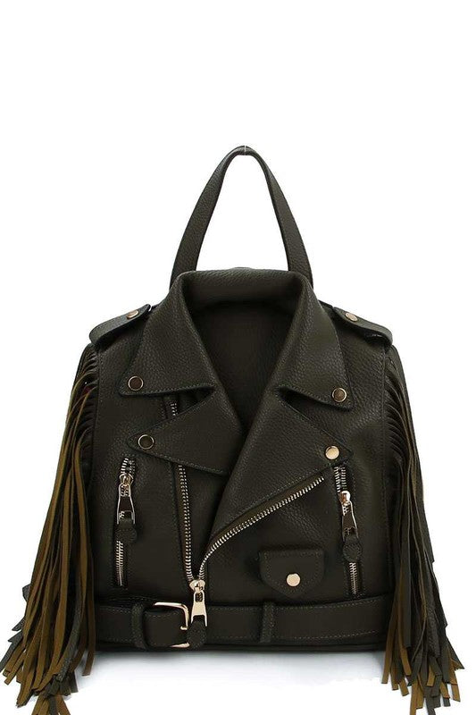 Motorcycle Jacket handbag with fringe-Olive