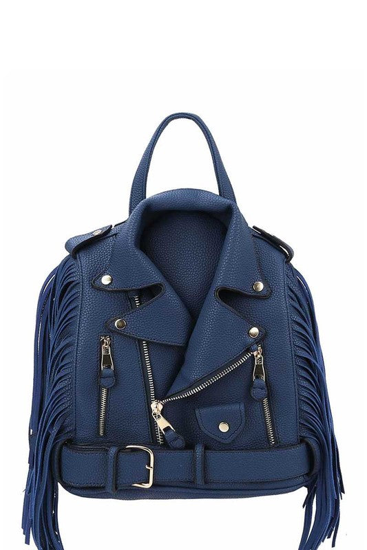 Motorcycle Jacket handbag with fringe-Navy