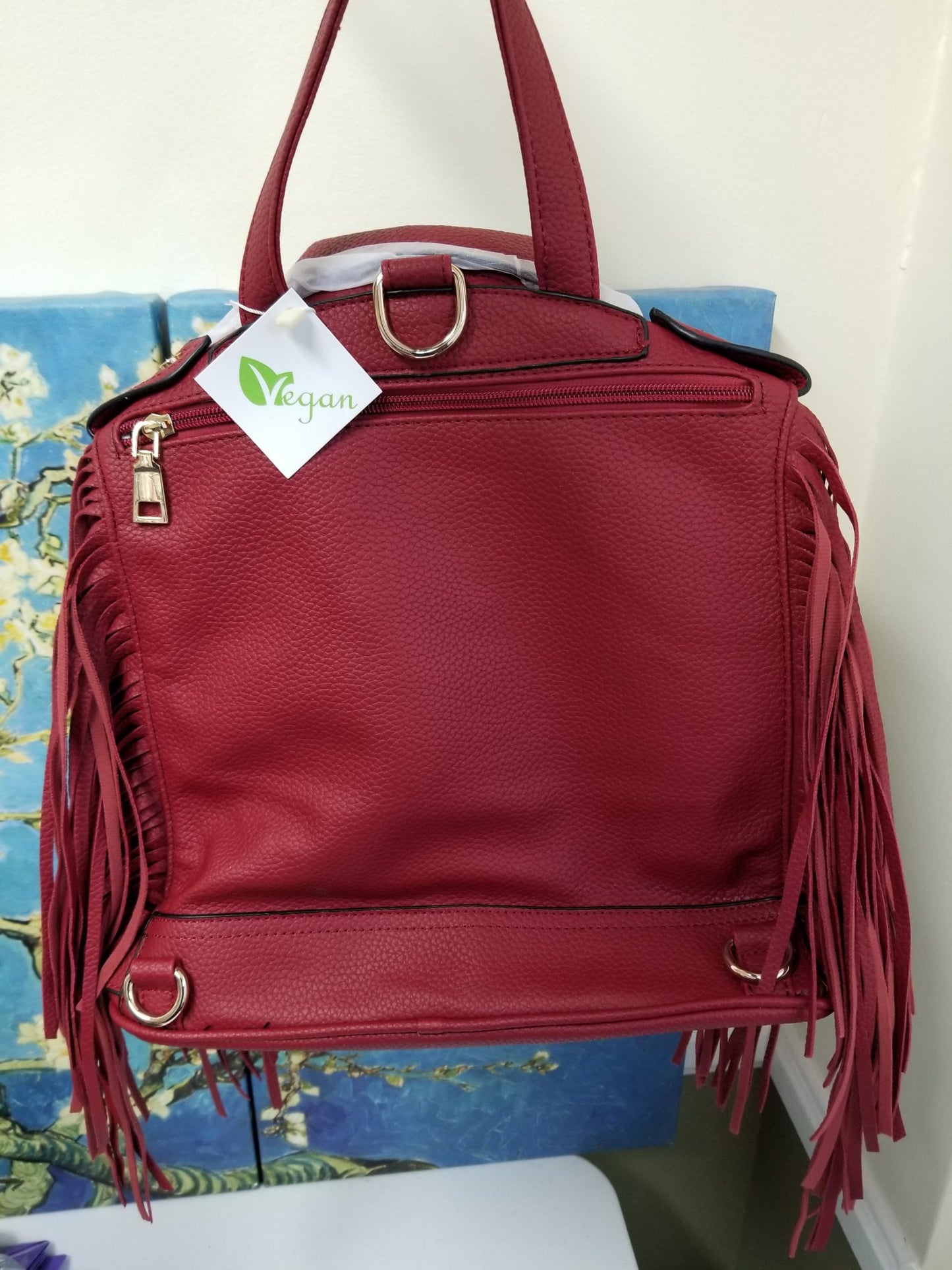 Motorcycle Jacket handbag with fringe-Burgundy