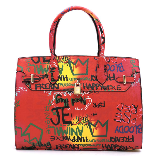 Graffiti Padlock Handbag- Red