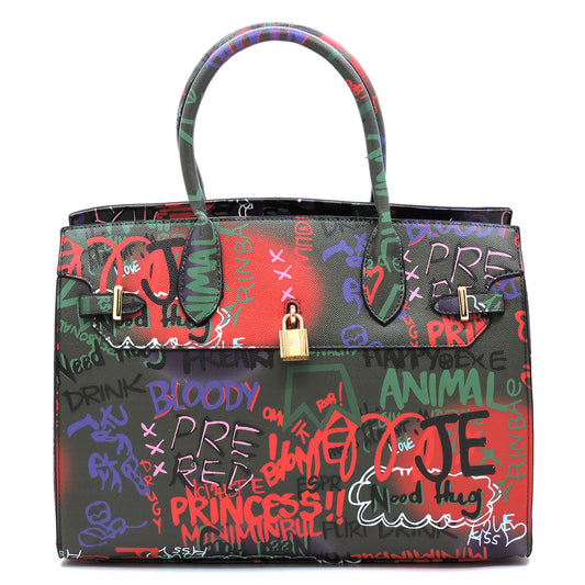 Graffiti Padlock Handbag- Black