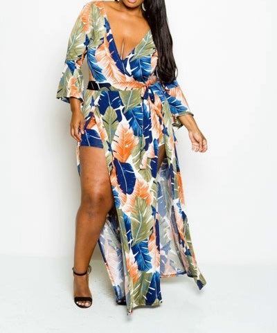 Marilyn Blue and Olive fall leaf Romper