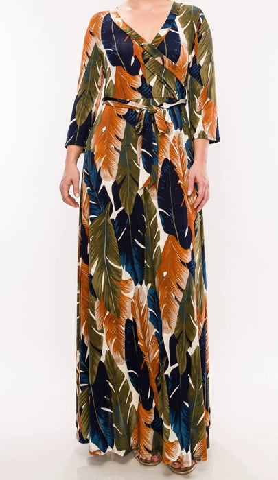 Marlowe Blue Fall leaf Faux wrap dress