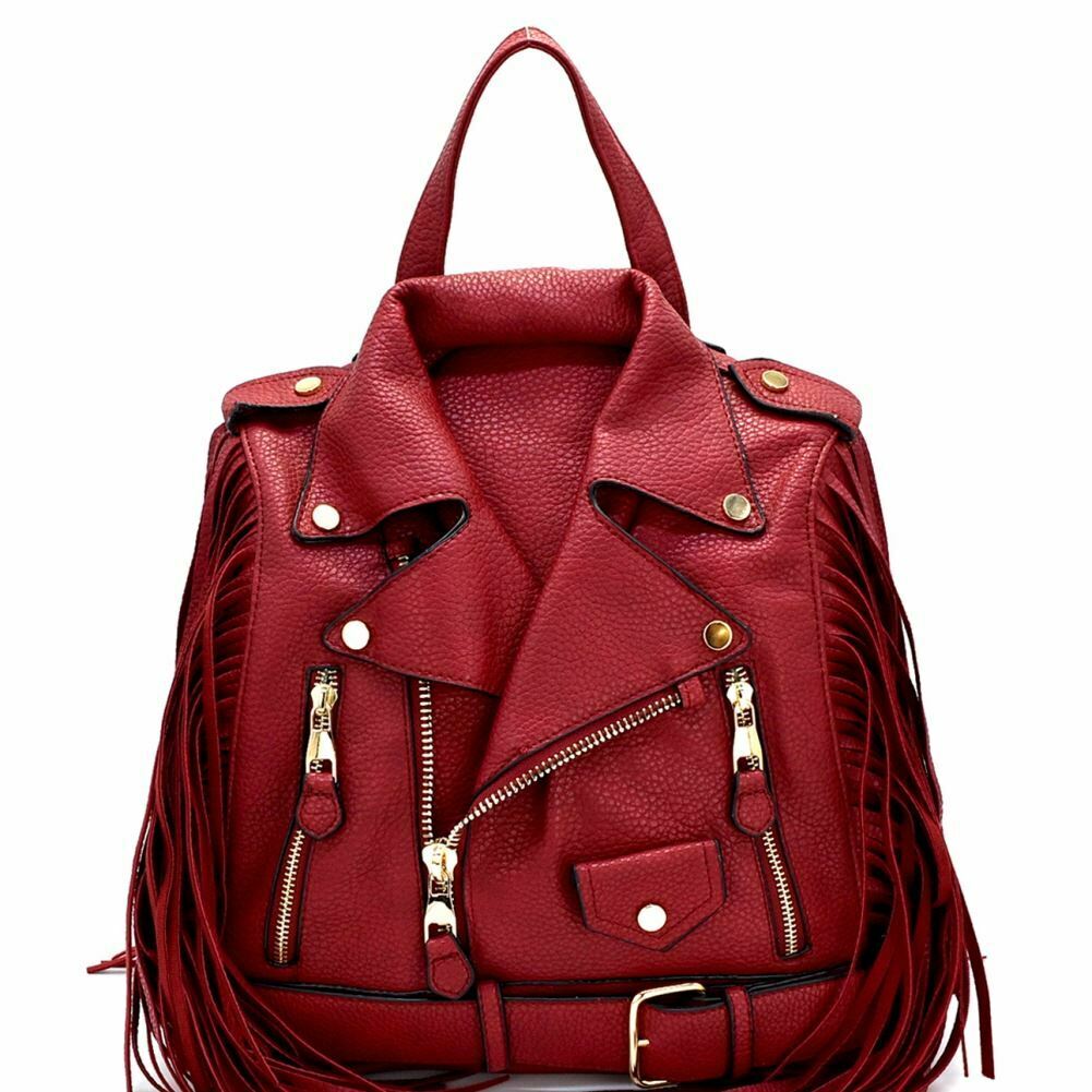 Motorcycle Jacket handbag with fringe-Wine