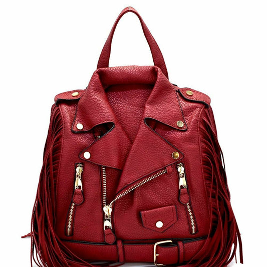 Motorcycle Jacket handbag with fringe-Wine