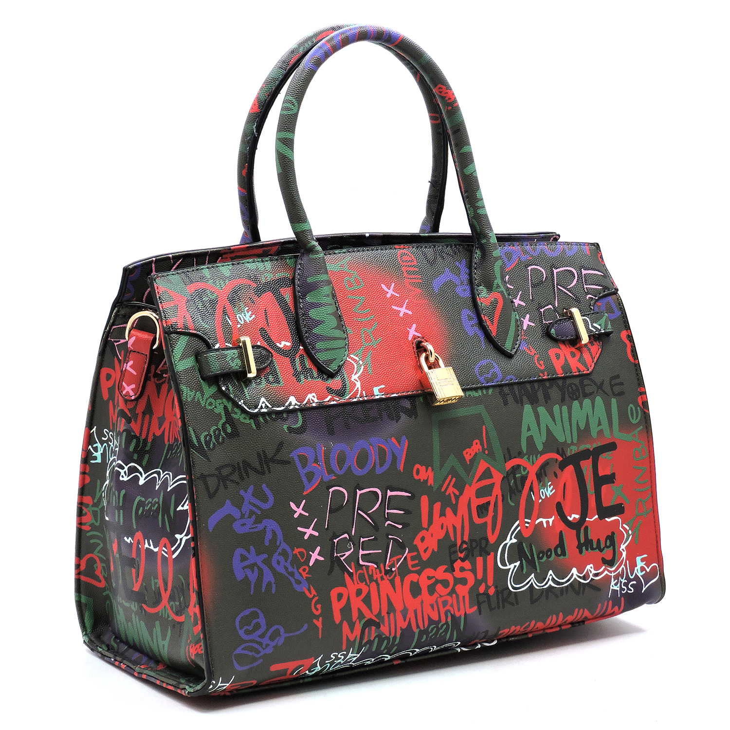 Graffiti Padlock Handbag- Black - Angies